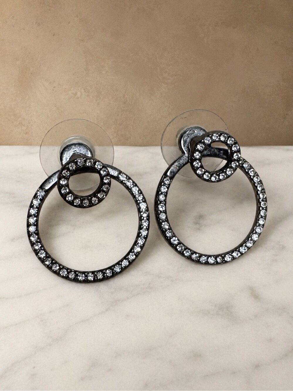 Gunmetal Crystal Pavé Convertible Circle Drop Earrings Statement Hoop Studs
